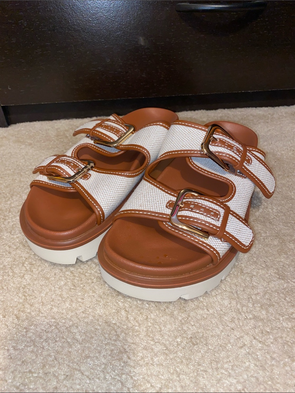 White and Brown Double Buckle Comfort Sandals